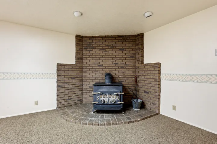 Detailed view of carpet flooring and a wood stove