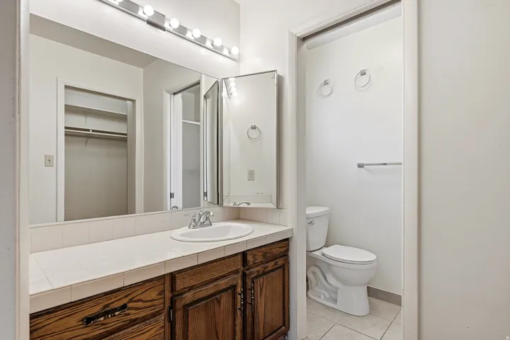 Full bathroom with vanity, light tile patterned floors, and a spacious closet