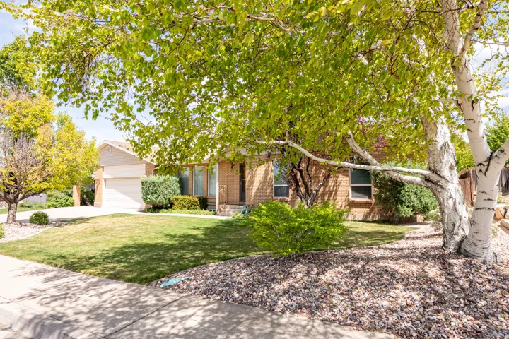 Obstructed view of property with an attached garage, brick siding, a front yard, and driveway