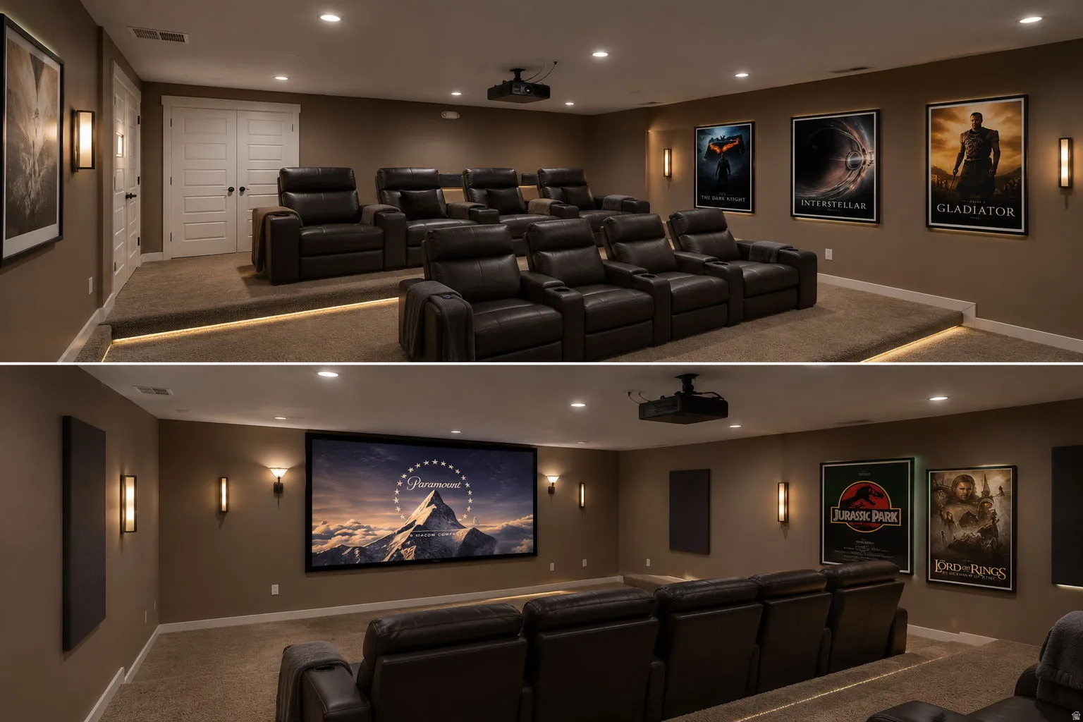 Dedicated theater room featuring tiered seating, recessed ceiling lighting, wall-mounted sconces, and a large projection screen