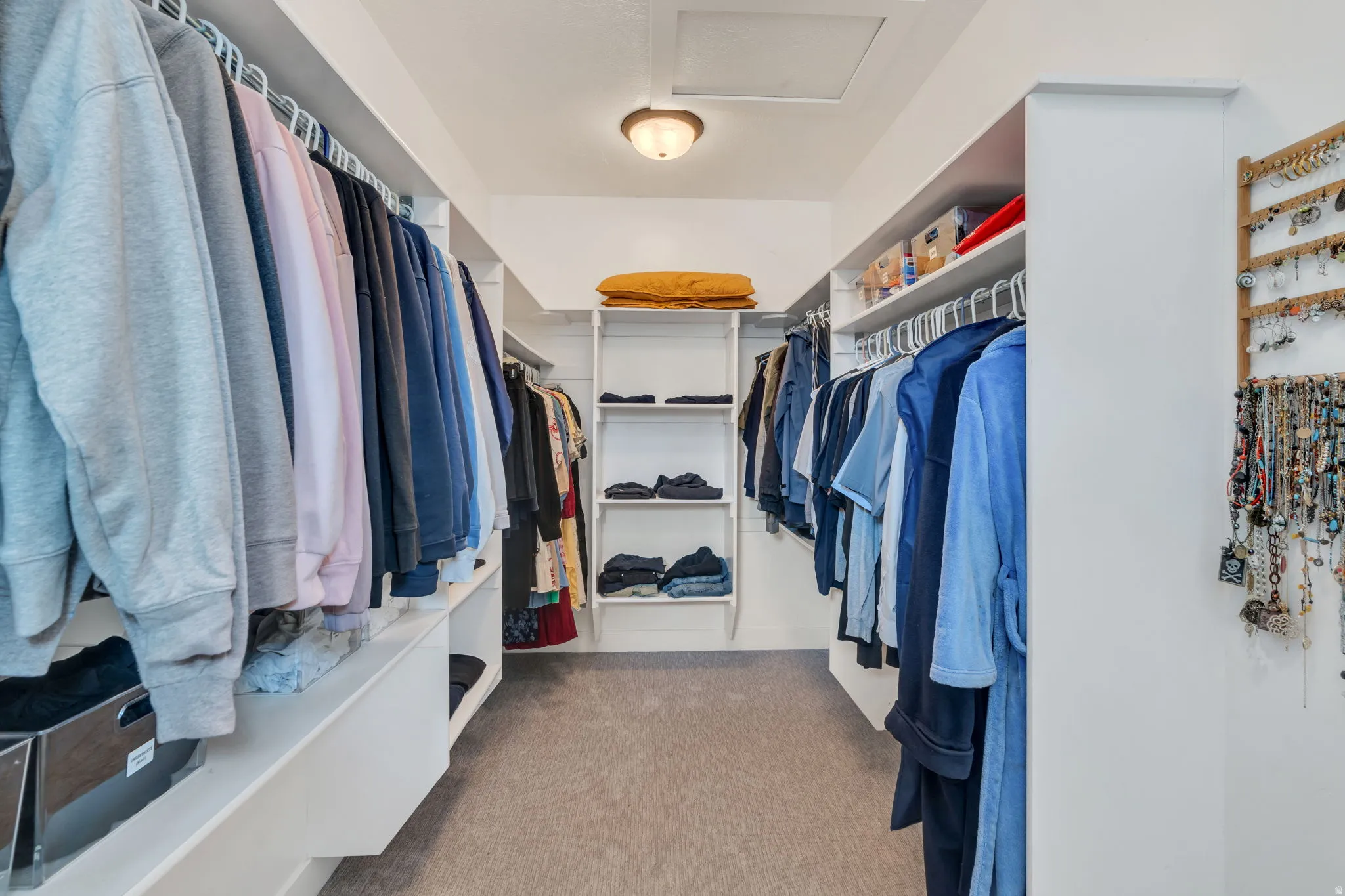 Walk in closet featuring attic access and light carpet