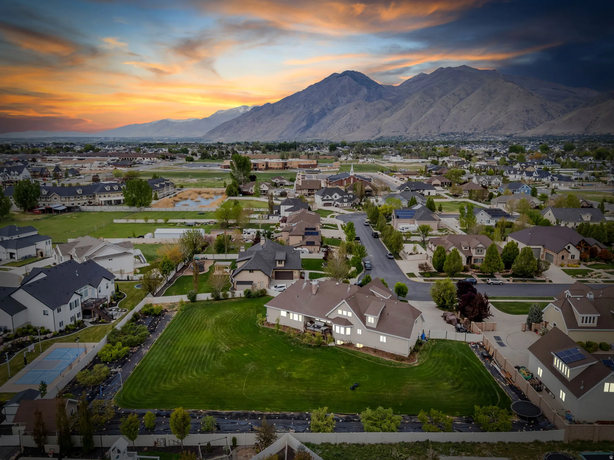 Aerial view of residential area with mountains