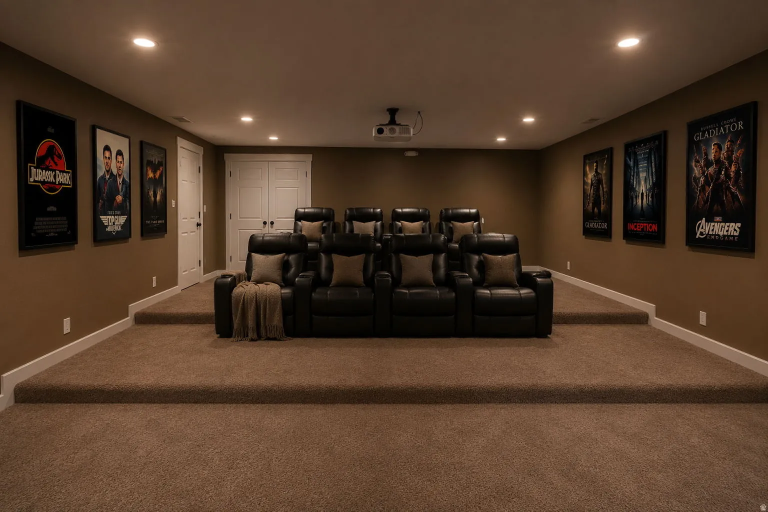 Dedicated home theater featuring tiered carpeted flooring, recessed lighting, a ceiling-mounted projector, and double-panel doors