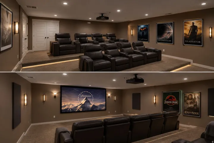 Dedicated theater room featuring tiered seating, recessed ceiling lighting, wall-mounted sconces, and a large projection screen