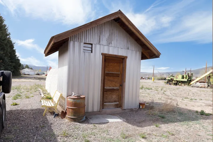 View of shed featuring a mountain view