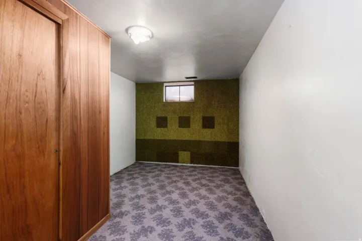 Basement featuring light colored carpet and an accent wall