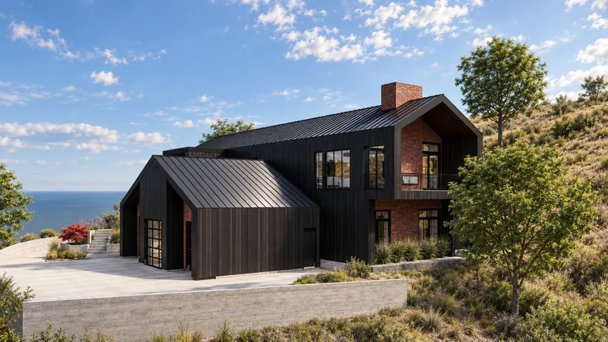Contemporary exterior with black vertical siding and brick accents