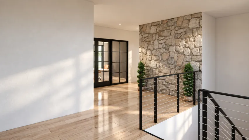 Stone accent wall and wood-finish flooring