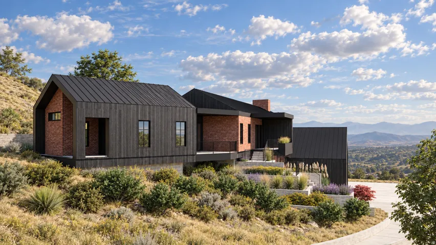 Modern architecture with dark wood-finish siding and brick accents