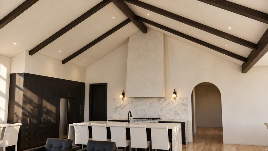 Vaulted ceiling with exposed beams, recessed lighting, expansive kitchen island, built-in cabinetry, and arched doorway
