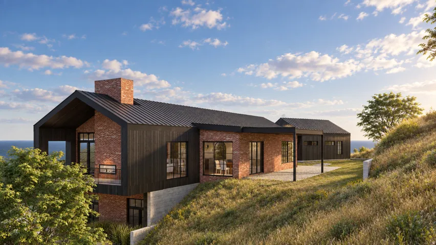 Modern architectural design featuring a brick and dark-paneled exterior, multiple expansive windows, and a black corrugated metal roof