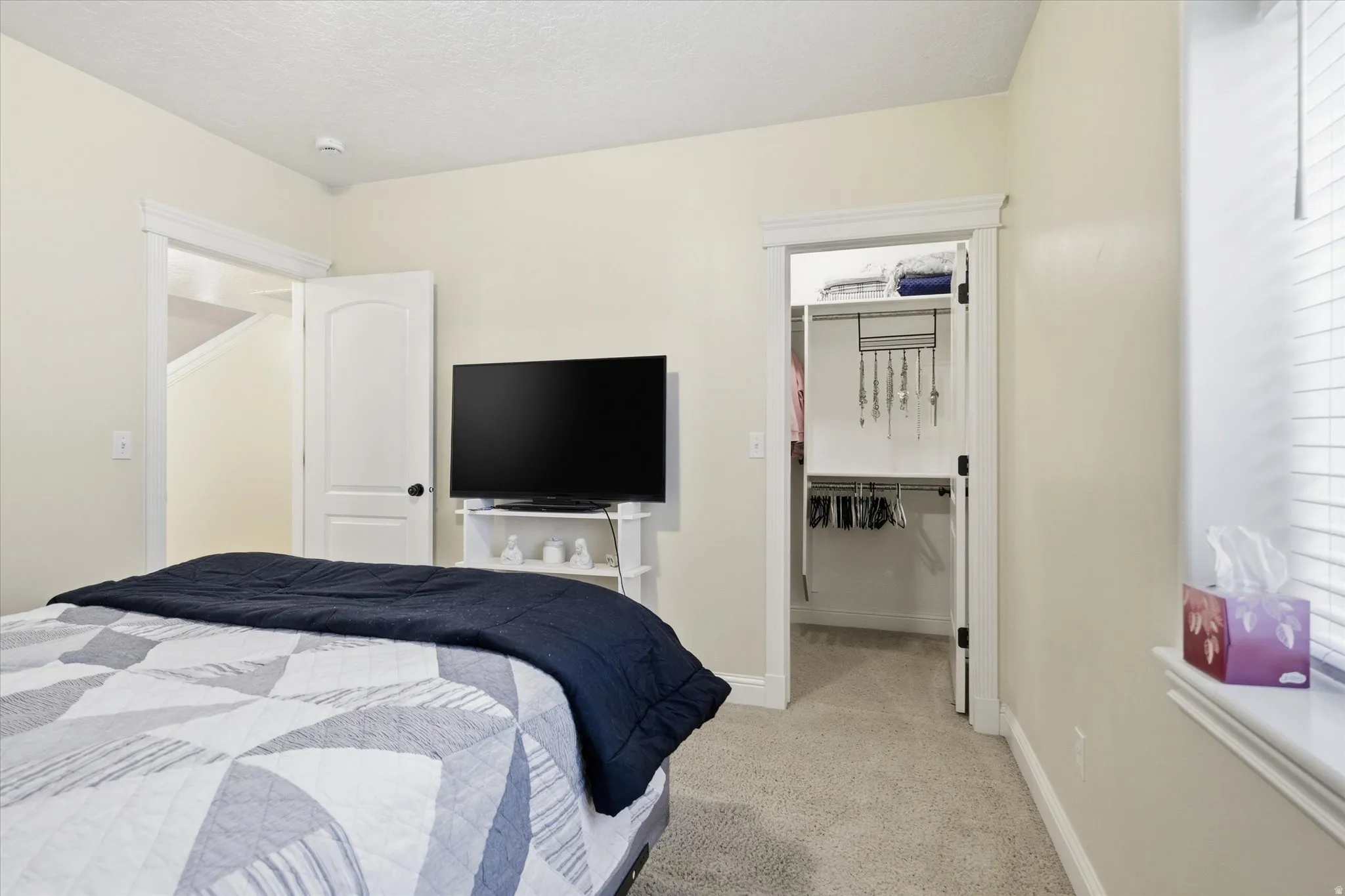 Bedroom featuring light colored carpet, a spacious closet, and a textured ceiling