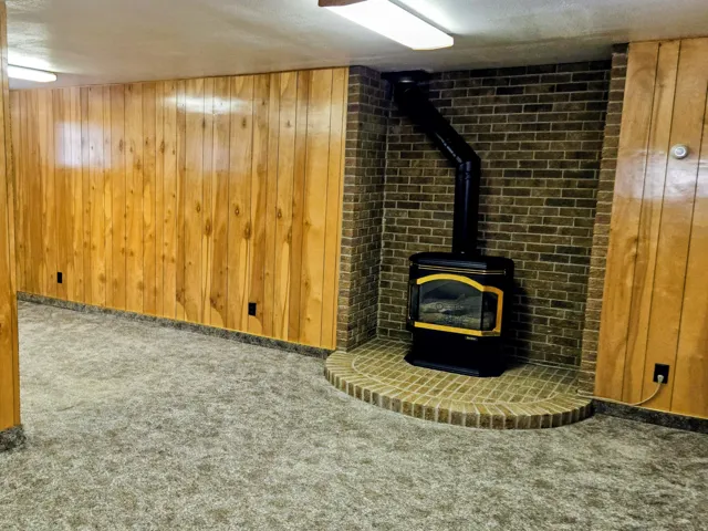 Below grade area featuring wooden walls, carpet, and a wood stove