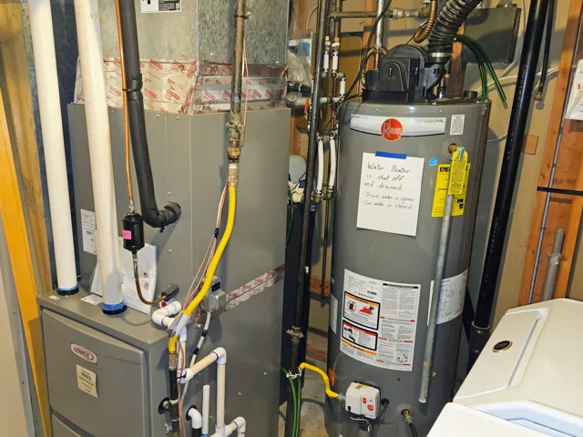 Utility room with heating unit, water heater, and washer / clothes dryer