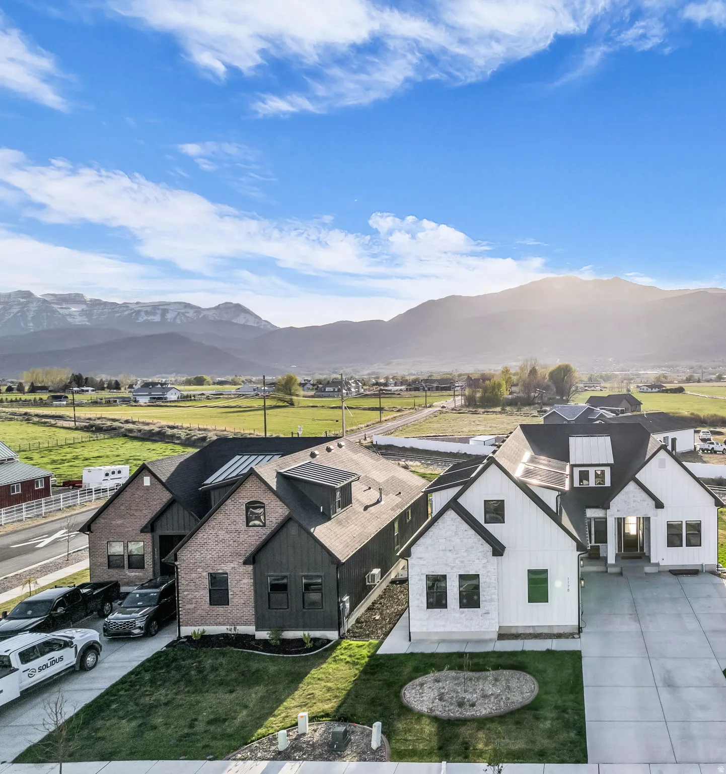 Aerial view of residential area with mountains