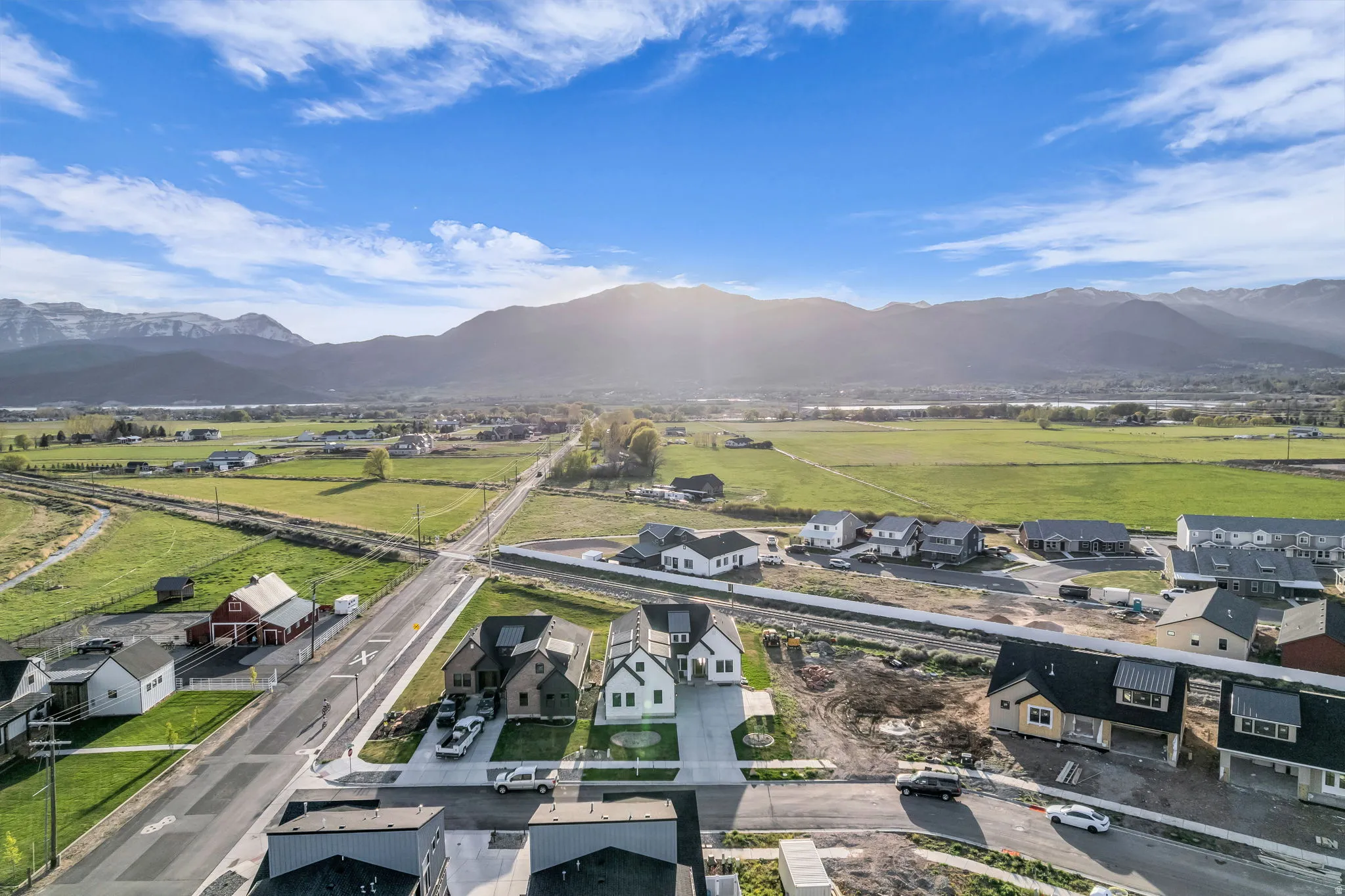 Aerial perspective of suburban area featuring mountains