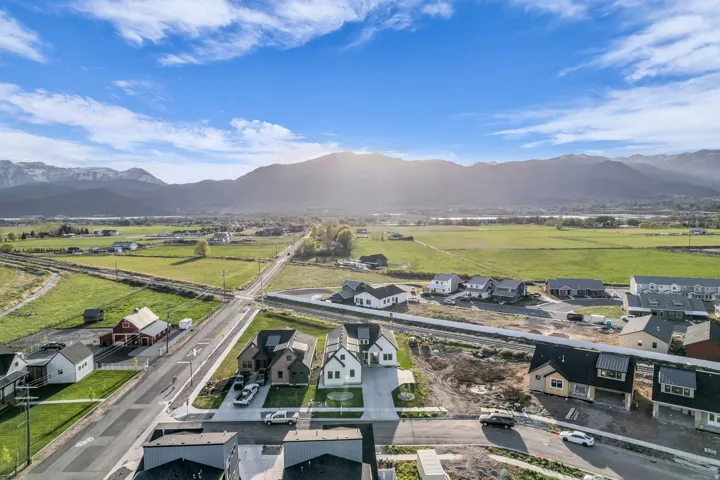Aerial perspective of suburban area featuring mountains