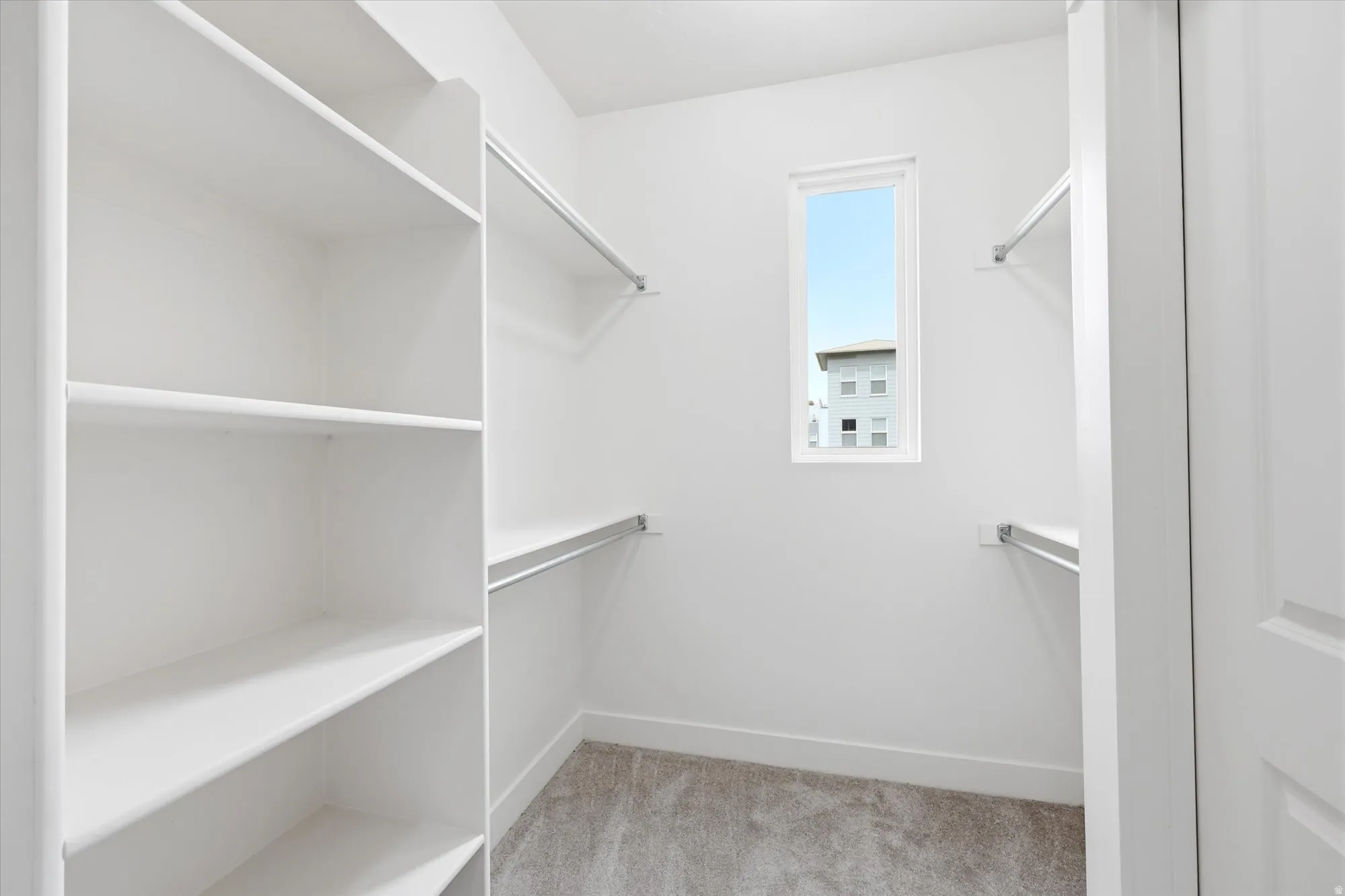 Walk in closet with light colored carpet