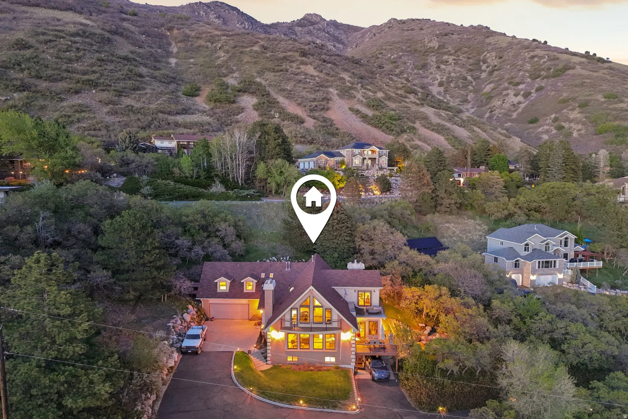 Aerial view at dusk of a mountain view