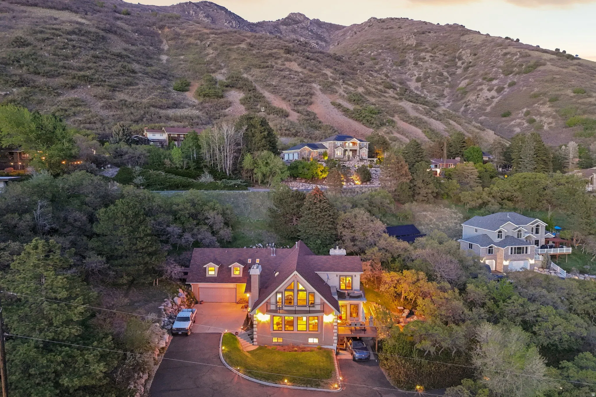 Aerial view at dusk of a mountain view
