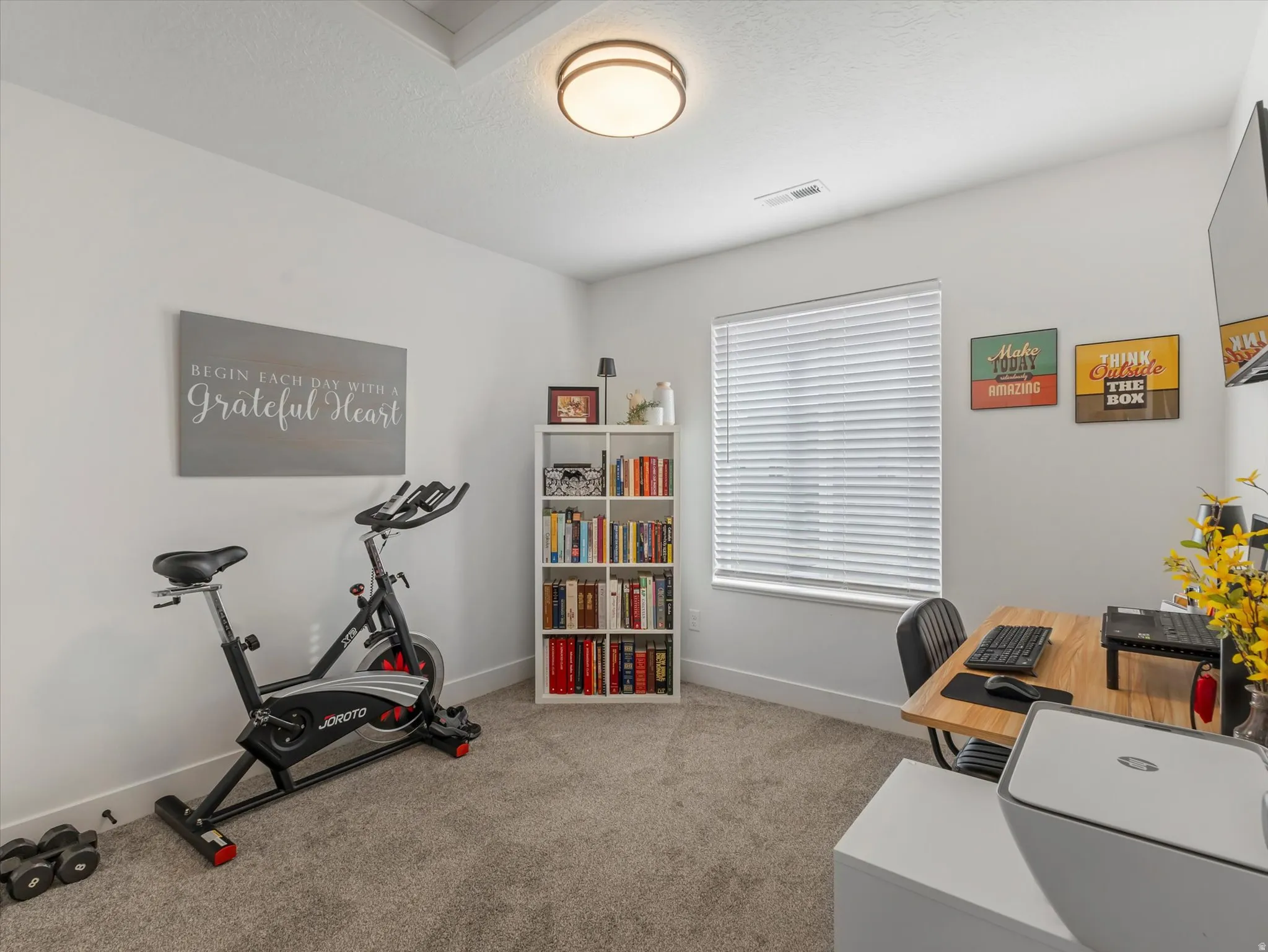 Office with light carpet and baseboards