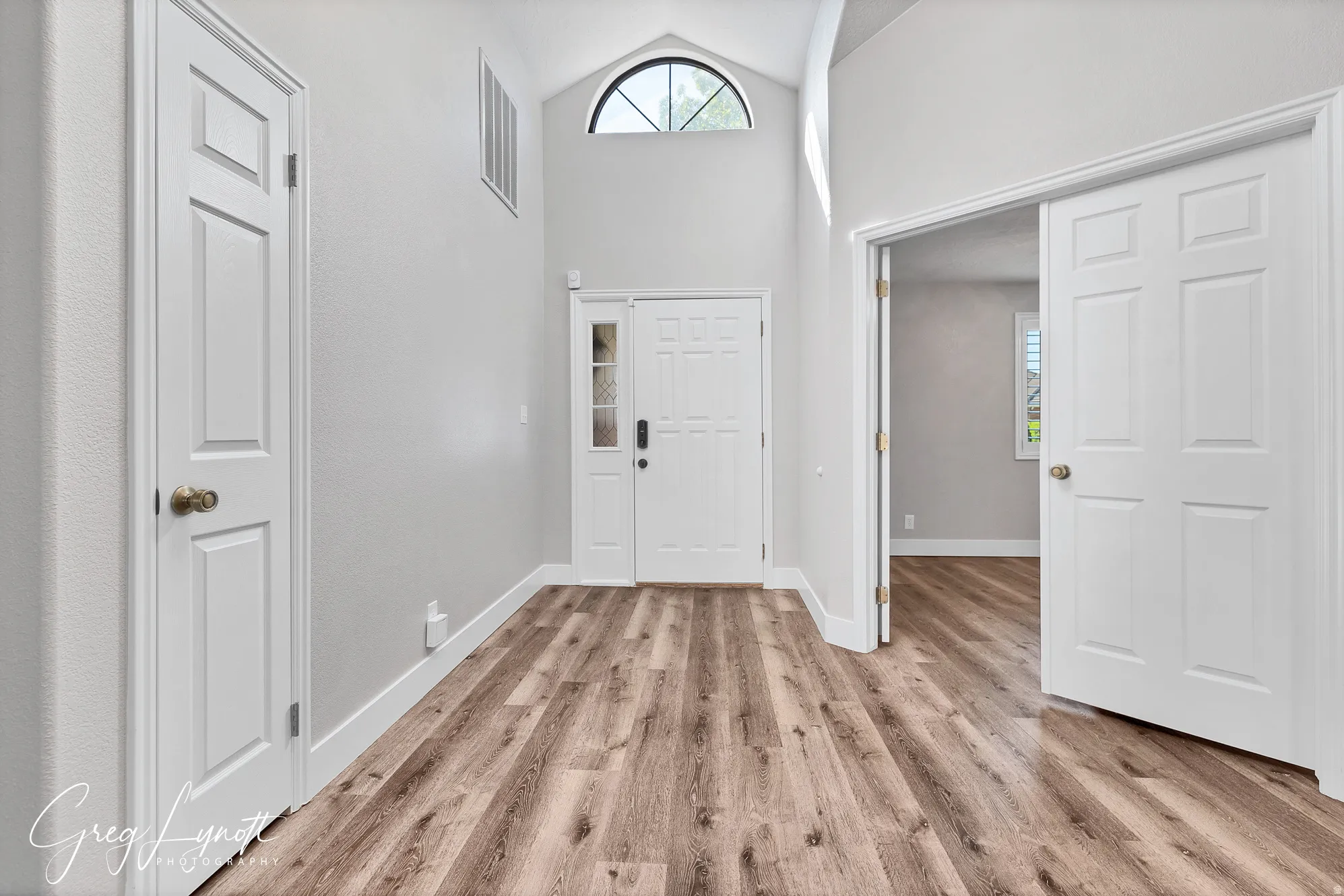 Entrance foyer featuring lofted ceiling, plenty of natural light, and light wood-style flooring
