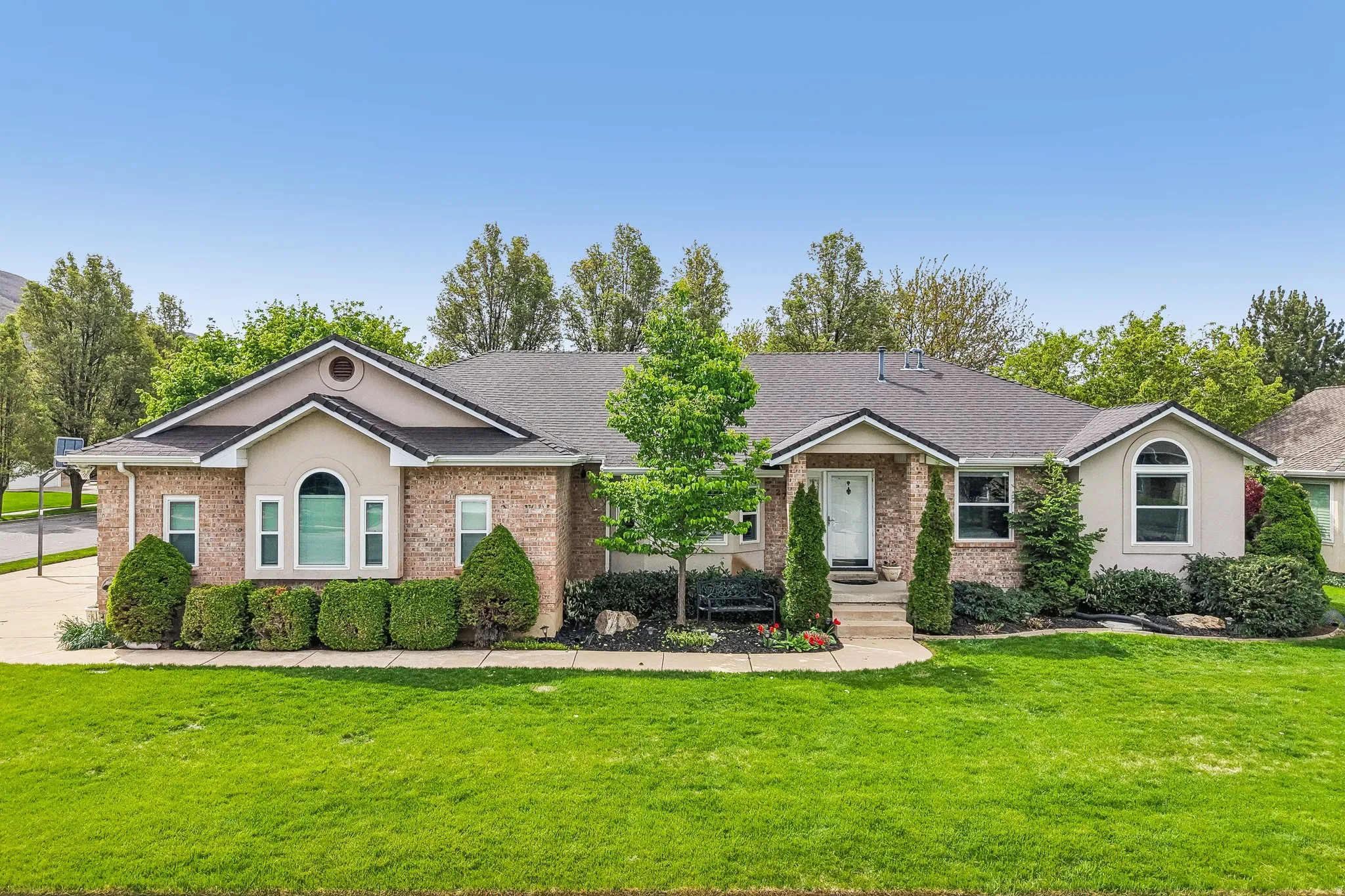 Single story home with brick siding, a front lawn, a shingled roof, and stucco siding