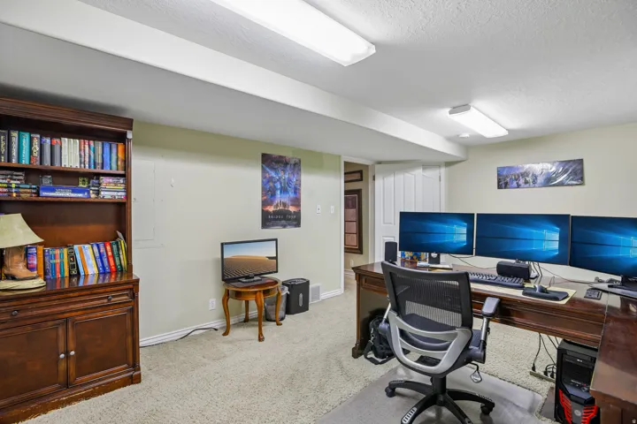 Office with light colored carpet and a textured ceiling
