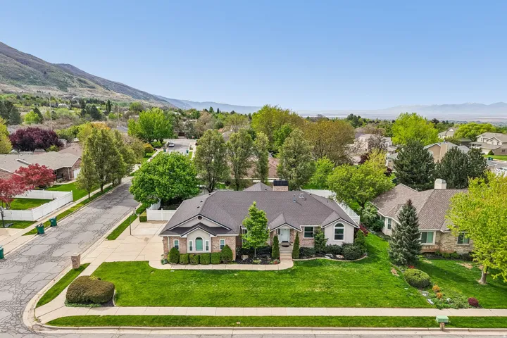 Aerial perspective of suburban area featuring a mountainous background