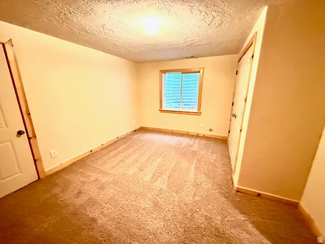 Unfurnished bedroom with light carpet, a textured ceiling, and a closet