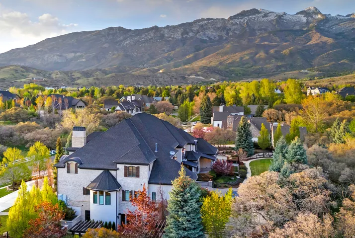 Aerial view of residential area with a mountainous background