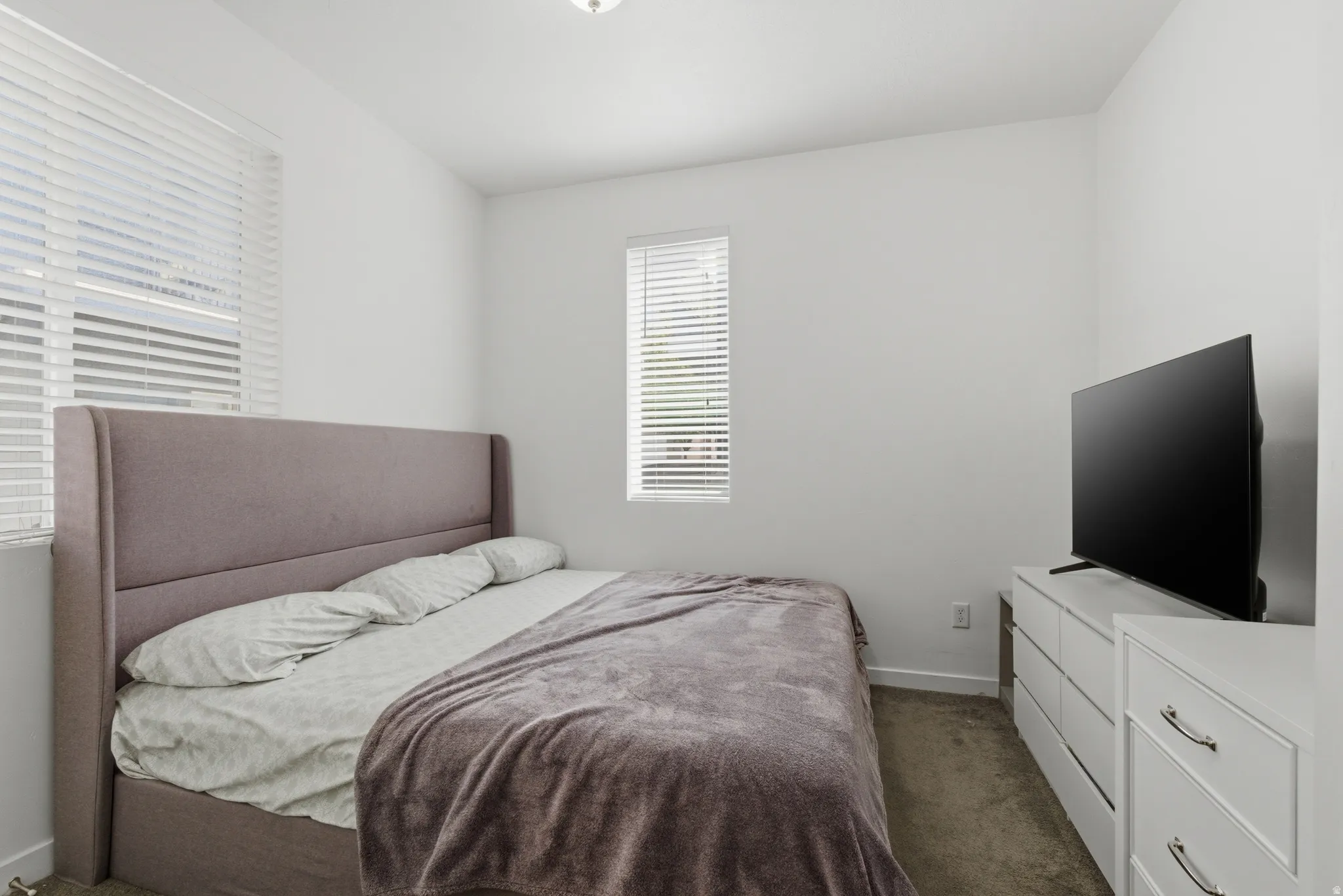 Bedroom with carpet and multiple windows