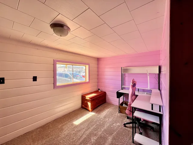 Carpeted office space featuring wood walls