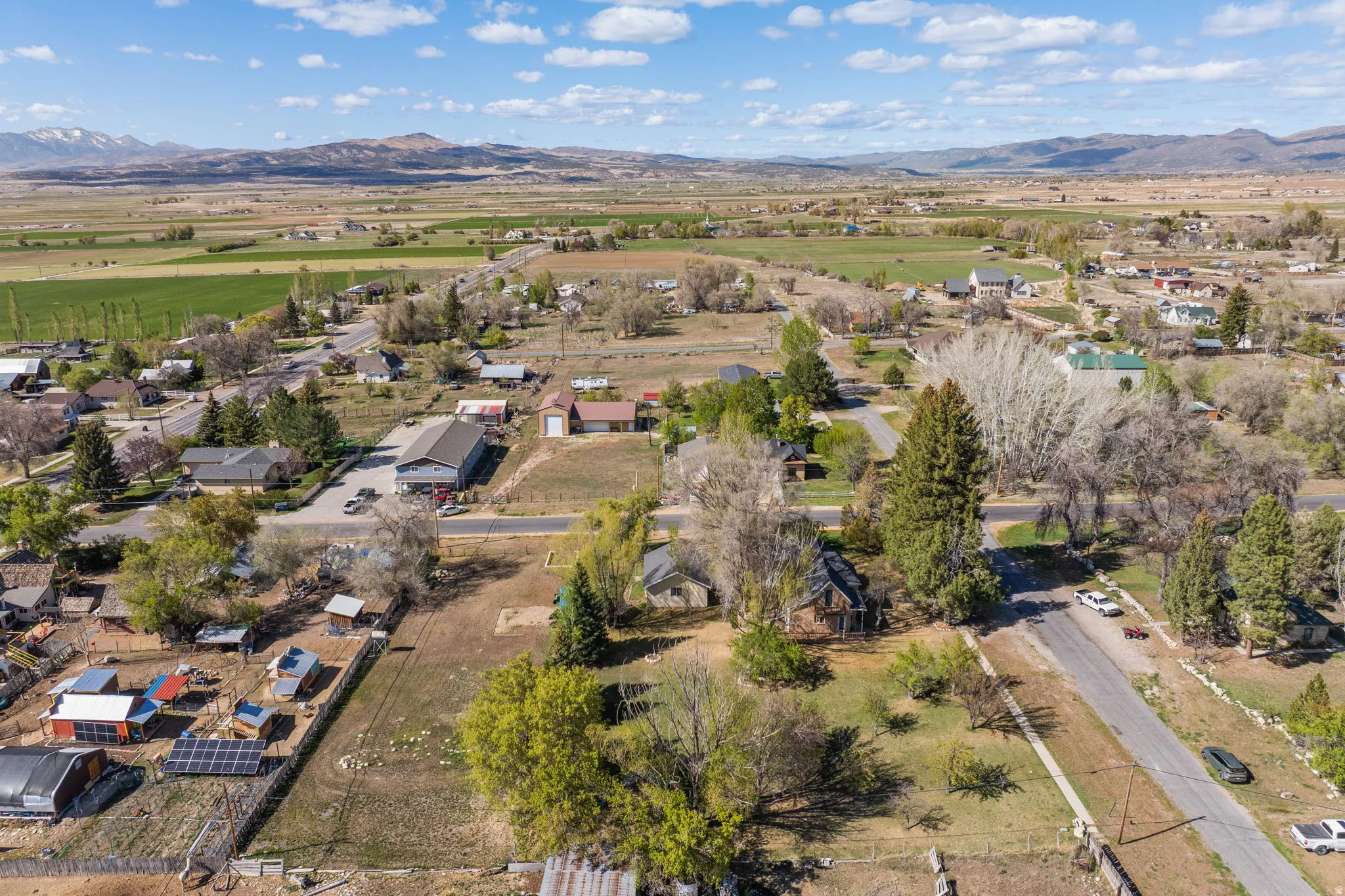 Aerial view of residential area with a mountainous background