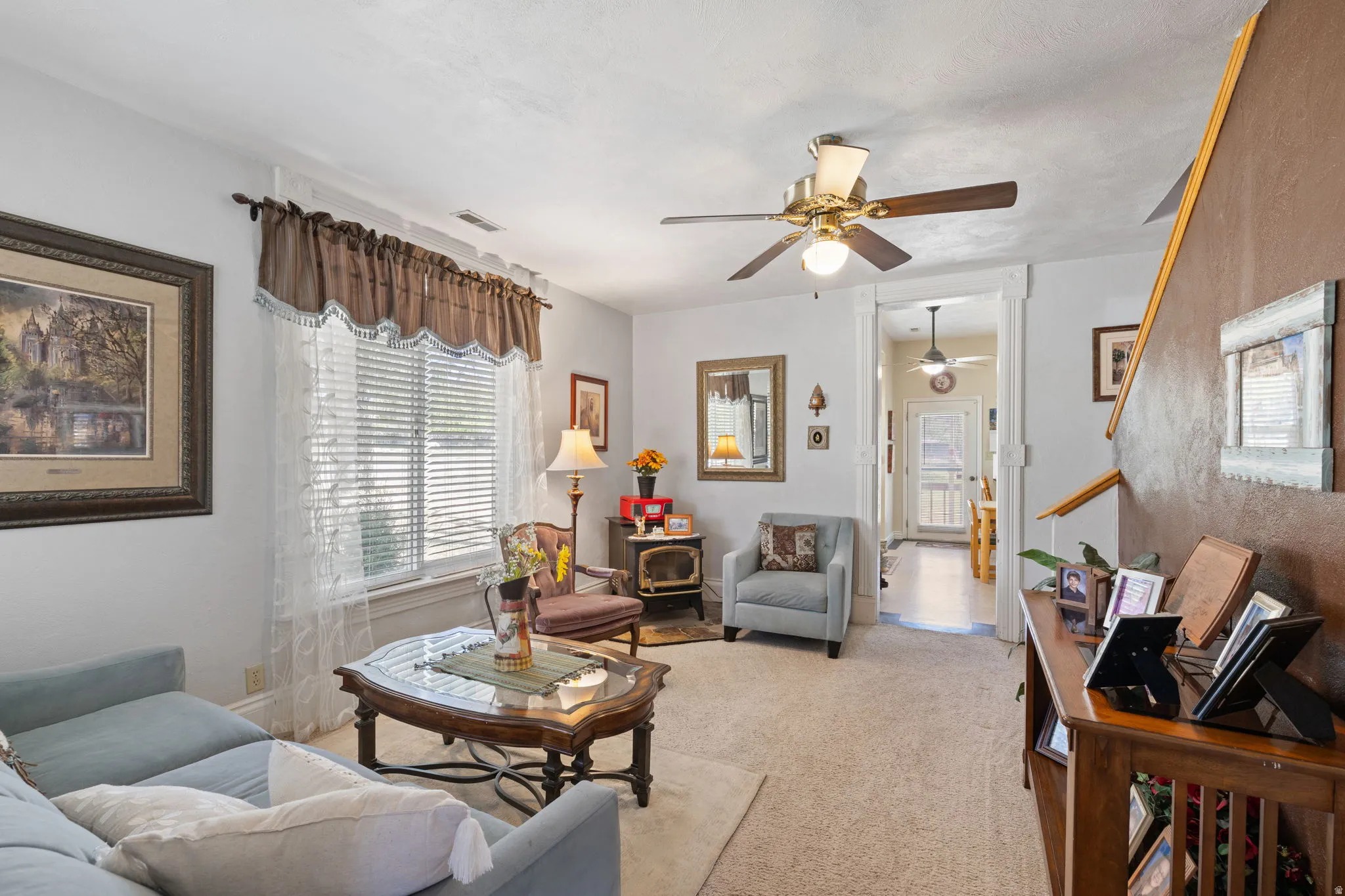 Family room with pellet stove