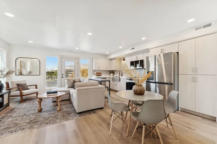 Dining space featuring light wood-type flooring and recessed lighting