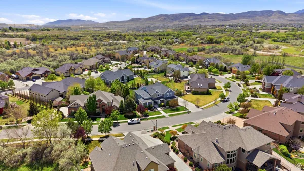 Aerial view of residential area with mountains