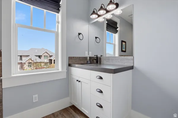 Bathroom with vanity and dark wood-type flooring