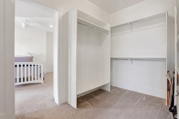 Walk in closet featuring light colored carpet