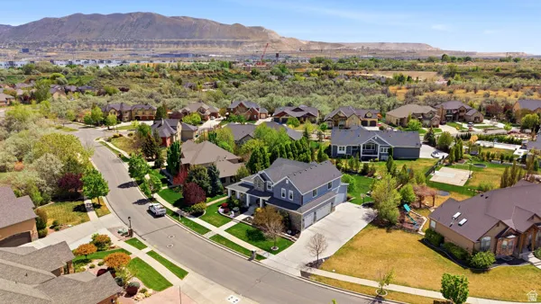 Aerial perspective of suburban area featuring mountains