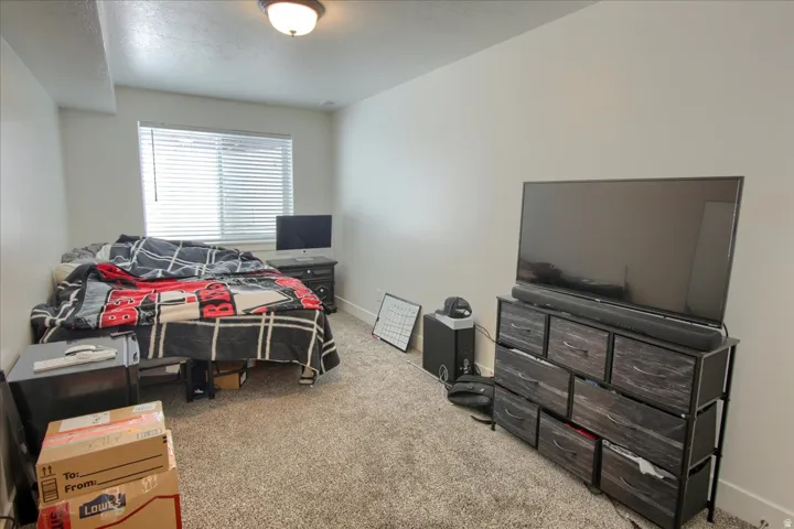 Bedroom featuring light colored carpet