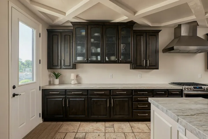 Dark wood cabinetry with glass-front accents, stainless steel range hood, stainless steel gas range, stone-finish countertops, and coffered ceiling