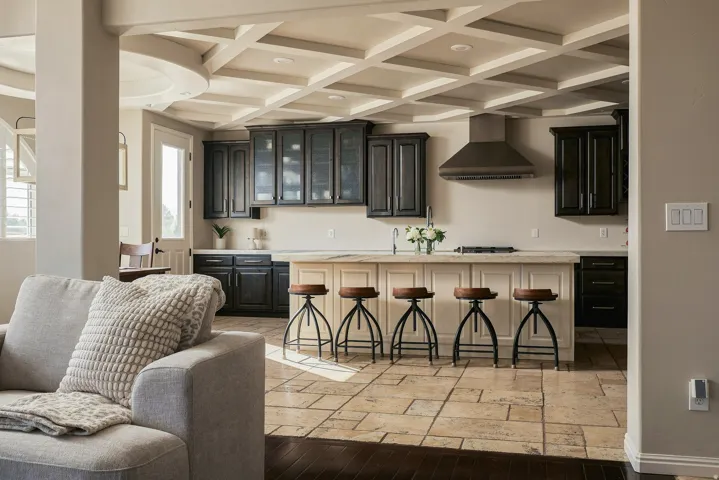 Kitchen featuring dark wood cabinetry, a large island with seating, stone tile flooring, and a coffered ceiling