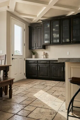 Coffered ceiling, dark wood-finish cabinetry, frosted glass cabinet doors, light-colored countertop, and rectangular tile flooring