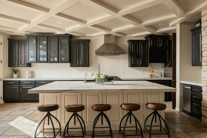 Kitchen featuring coffered ceilings, dark wood cabinetry, a large center island with counter seating, light-toned countertops, and a stainless steel range hood