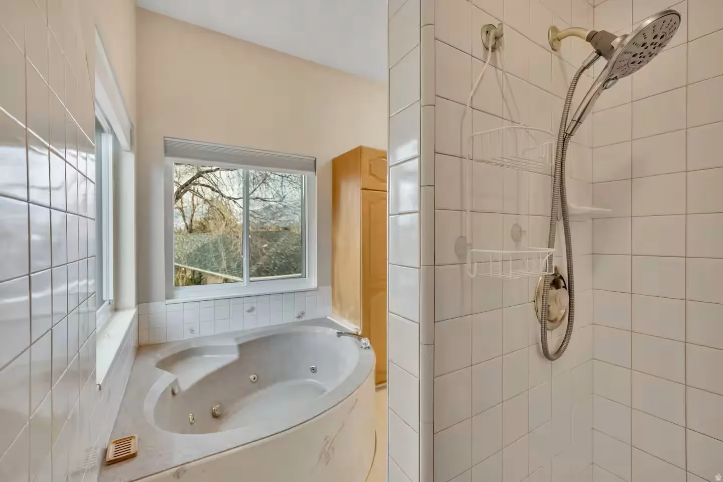 Full bathroom featuring a shower stall and a jetted tub