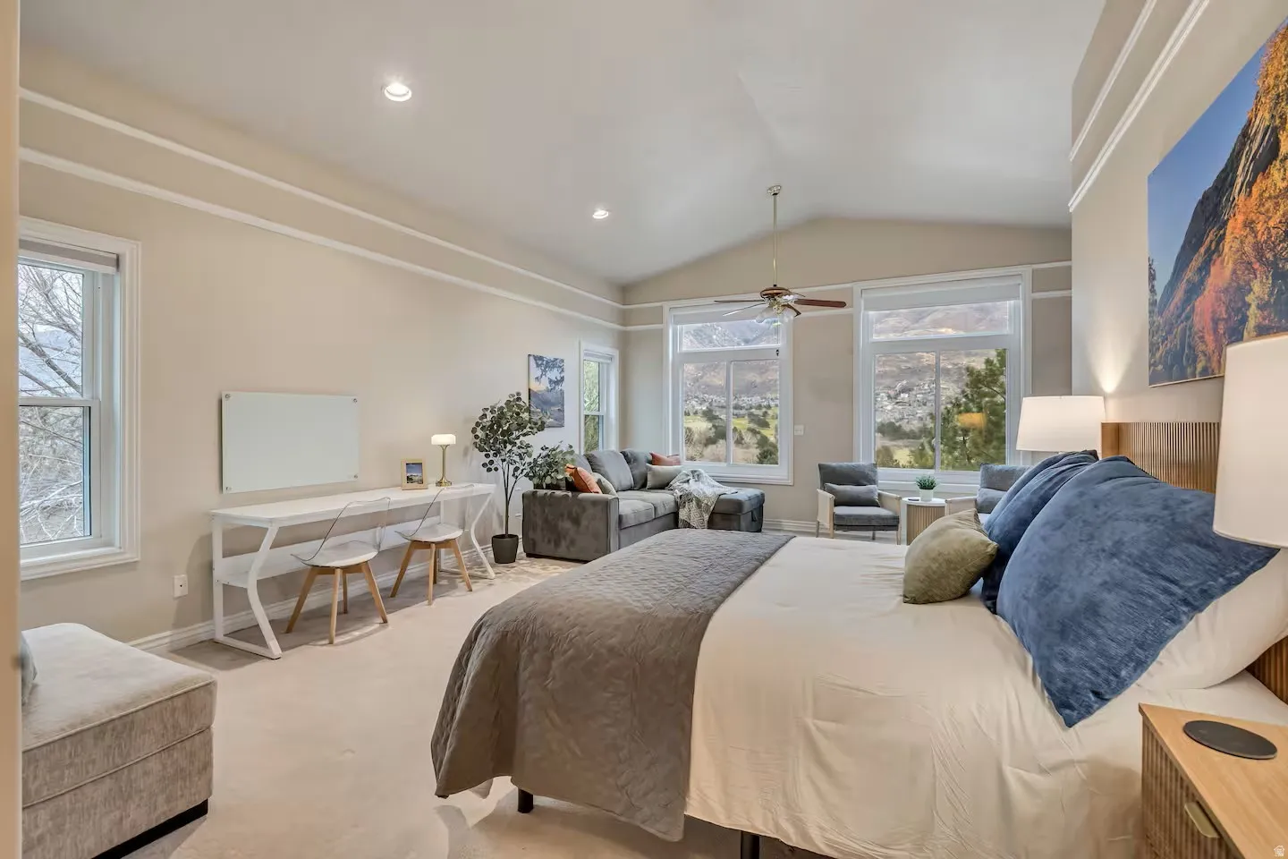 Bedroom featuring light carpet and recessed lighting