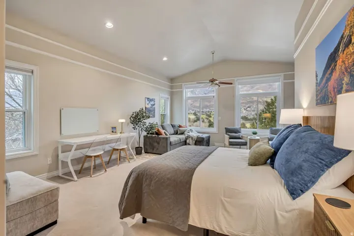 Bedroom featuring light carpet and recessed lighting