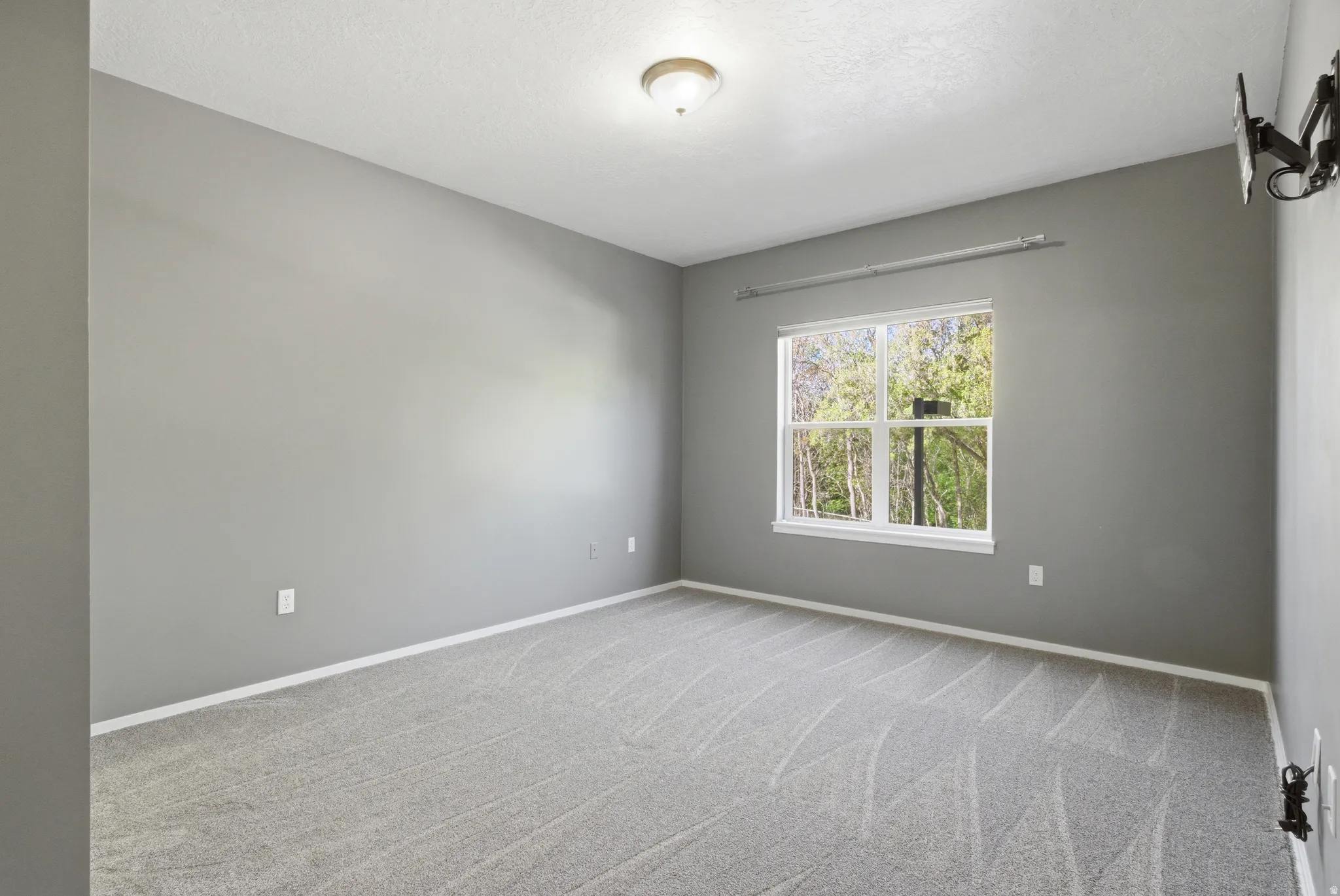 Unfurnished bedroom featuring a walk in closet, light colored carpet, and a textured ceiling