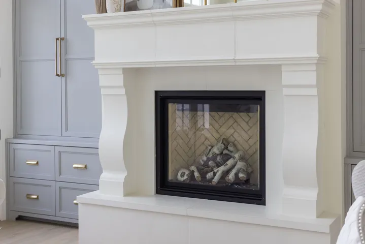 Detailed view of a glass covered fireplace
